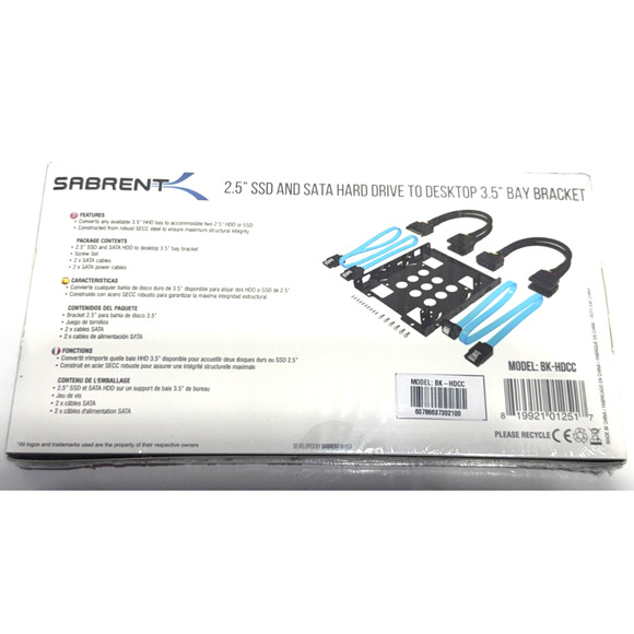 NEW Sabrent 2.5 SSD & SATA Hard Drive to Desktop 3.5 Bay Bracket Kit BK-HDDH - Picture 2 of 2